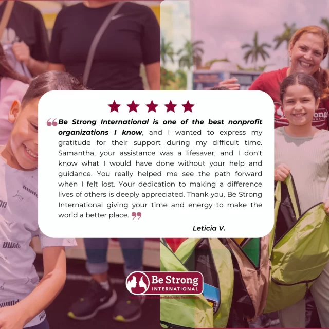 💬 You really helped me see the path forward when I felt lost.” When you support Be Strong International, you’re helping real people like Leticia through their toughest moments. 💜 Her words remind us why we do what we do — and how much of a difference our community makes.

✨ Together, we’re building stronger families, healthier relationships, and brighter futures.

#BeStrongInternational #TestimonialTuesday #MakeADifference #SupportNonprofits #StrongerTogether